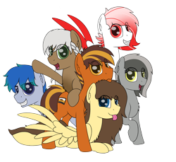 Size: 2400x2200 | Tagged: safe, artist:ponynamedmixtape, imported from derpibooru, oc, oc:deepest apologies, oc:graeyscale, oc:greyscale, oc:mixtape, oc:nimpone, oc:retro hearts, oc:rosalie, earth pony, pegasus, pony, female, group, group photo, male, simple background, tongue out, transparent background