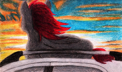 Size: 1280x756 | Tagged: safe, artist:myzanil, imported from derpibooru, oc, oc only, oc:myza nil red, pegasus, pony, car, colored pencil drawing, facing away, index card, lying down, roof, sky, solo, sunrise, traditional art