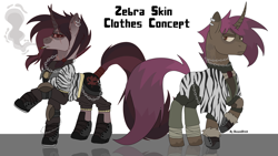 Size: 4096x2303 | Tagged: safe, artist:besomb1tch, imported from derpibooru, oc, pony, unicorn, zebra, chains, cigarette, clothes, concept art, ear piercing, earring, jewelry, piercing, smoking