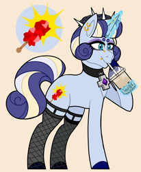 Size: 1566x1902 | Tagged: safe, artist:iesbeans, imported from derpibooru, oc, oc only, oc:hard rock candy, pony, unicorn, choker, cross, drink, drinking, female, fishnets, garter, magical lesbian spawn, mare, offspring, parent:bon bon, parent:lyra heartstrings, parents:lyrabon, simple background, solo, yellow background