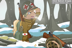Size: 3000x2000 | Tagged: safe, artist:pizzamovies, imported from derpibooru, oc, oc only, oc:wheat brand, earth pony, pony, series:ponies on the front, clothes, forest, gun, helmet, m1 garand, m1 helmet, male, medic, military uniform, rifle, show accurate, snow, snowfall, solo, stallion, uniform, weapon, world war ii
