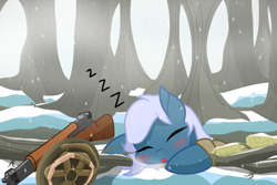 Size: 3000x2000 | Tagged: safe, artist:pizzamovies, imported from derpibooru, oc, oc only, oc:crystal ace, earth pony, pony, clothes, eyes closed, female, forest, helmet, m1 garand, mare, military uniform, sleeping, snow, snowfall, solo, uniform, world war ii