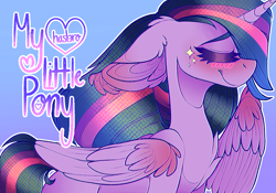 Size: 2388x1668 | Tagged: safe, artist:wisteriations, artist:wistydraws, imported from derpibooru, twilight sparkle, alicorn, pony, blue background, blushing, eyes closed, female, floppy ears, hasbro, mare, simple background, solo, sparkles, title drop, twilight sparkle (alicorn)