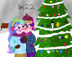 Size: 1280x1014 | Tagged: safe, artist:horroraceman93, imported from derpibooru, princess celestia, queen novo, equestria girls, my little pony: the movie, blushing, christmas, christmas tree, equestria girls-ified, female, holding hands, holiday, lesbian, novolestia, principal celestia, shipping, tree