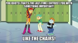 Size: 600x337 | Tagged: safe, edit, edited screencap, imported from derpibooru, screencap, snails, snips, sunset shimmer, equestria girls, equestria girls (movie), canterlot high, caption, dialogue, female, image macro, male, regular show, text, trio, yelling