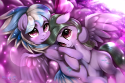 Size: 3150x2100 | Tagged: safe, artist:darksly, imported from derpibooru, cloudchaser, flitter, pegasus, pony, big eyes, cloud, cute, eye clipping through hair, female, hug, looking at you, mare, siblings, sisters, wings