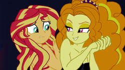 Size: 1920x1080 | Tagged: safe, artist:zarxnos, imported from derpibooru, adagio dazzle, sunset shimmer, mermaid, fanfic:sunset shimmer discovers her feet, equestria girls, cecaelia, crossover, cute, duo, duo female, female, mermaidized, scared, shimmerbetes, species swap, the little mermaid