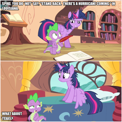 Size: 1000x1000 | Tagged: safe, edit, edited screencap, imported from derpibooru, screencap, spike, twilight sparkle, alicorn, dragon, inspiration manifestation, annoyed, bed, book, disaster, golden oaks library, hurricane, insensitivity, messy mane, quill, reference, the hurricane, twilight is not amused, twilight sparkle (alicorn), twilight sparkle is not amused, unamused, wwe, wwf