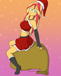 Size: 1280x1600 | Tagged: safe, artist:cadenreigns, imported from derpibooru, sunset shimmer, human, equestria girls, boots, christmas, clothes, costume, female, hat, holiday, midriff, multiple variants, santa costume, santa hat, santa sack, shoes, skirt, solo