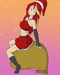 Size: 1280x1600 | Tagged: safe, alternate version, artist:cadenreigns, imported from derpibooru, sunset shimmer, human, equestria girls, boots, christmas, clothes, cloths, costume, female, hat, holiday, human coloration, humanized, midriff, multiple variants, santa costume, santa hat, santa sack, shoes, skirt, solo