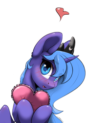 Size: 2156x3000 | Tagged: safe, artist:php143, artist:skitsniga, artist:skitsroom, imported from derpibooru, princess luna, alicorn, pony, blushing, cute, daaaaaaaaaaaw, heart, heart pillow, lunabetes, open mouth, pillow, s1 luna, simple background, solo, white background