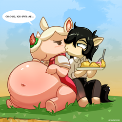 Size: 4000x4000 | Tagged: safe, artist:metalface069, imported from derpibooru, oc, oc:chug-a-lug, earth pony, pony, animal crossing, belly, belly button, big belly, commission, fat, feeding, female, food, ice cream, male, merengue, pancakes