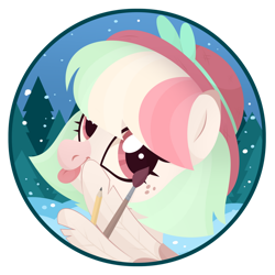 Size: 1024x1024 | Tagged: safe, artist:kabuvee, imported from derpibooru, oc, oc only, pegasus, pony, bust, female, hat, mare, paintbrush, pencil, portrait, solo, tongue out