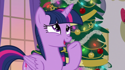 Size: 1920x1080 | Tagged: safe, imported from derpibooru, screencap, twilight sparkle, alicorn, pony, season 8, the hearth's warming club, christmas, christmas tree, cute, female, folded wings, hearth's warming eve, holiday, horn, mare, pointing, solo, tree, twiabetes, twilight sparkle (alicorn), wings