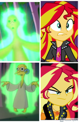 Size: 3300x5100 | Tagged: safe, artist:tjxendlue, edit, edited screencap, imported from derpibooru, screencap, sunset shimmer, equestria girls, annoyed, flashlight (object), glow, glowing, implied mane six, implied sci-twi, mr burns, shocked, story included, surprised, the simpsons, unamused