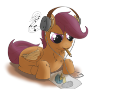 Size: 5016x3541 | Tagged: safe, artist:db, imported from derpibooru, scootaloo, pegasus, pony, chest fluff, drawing, headphones, lying down, mouth hold, music, pencil, prone, solo, underhoof