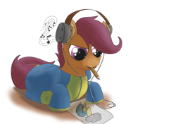 Size: 5016x3541 | Tagged: safe, alternate version, artist:db, imported from derpibooru, scootaloo, pegasus, pony, clothes, drawing, footed sleeper, footie pajamas, headphones, lying down, mouth hold, music, onesie, pajamas, pencil, prone, solo