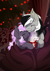 Size: 2480x3508 | Tagged: safe, artist:arctic-fox, imported from derpibooru, oc, oc:sak, oc:stormdancer, bat pony, vampire, vampony, bat pony oc, bat wings, blanket, chocolate, christmas, christmas lights, christmas tree, couple, cute, food, happy, holiday, hot chocolate, married couple, night, sakancer, tree, wings