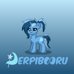 Size: 700x700 | Tagged: safe, artist:band sickle, artist:bandwidth, imported from derpibooru, oc, oc:derpibooru, pony, unicorn, derpibooru, pony town, cute, derpibooru ponified, derpibooru title, female, mare, meta, original art, ponified, ponytail, simple, smug, striped mane, striped tail