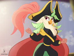 Size: 2858x2160 | Tagged: safe, artist:zidanemina, imported from derpibooru, captain celaeno, parrot pirates, my little pony: the movie, alternate design, alternate hairstyle, cape, celaeno's airship, clothes, ear piercing, earring, female, hat, jewelry, looking sideways, piercing, pirate, sky, smiling, solo, solo female