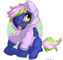 Size: 2872x2744 | Tagged: safe, artist:dumbwoofer, imported from derpibooru, oc, oc only, oc:lishka, pegasus, pony, :p, blepping, clothes, cute, hoodie, solo