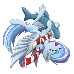 Size: 1200x1200 | Tagged: safe, artist:crystalbay, imported from derpibooru, oc, oc only, oc:crystal bay, pegasus, pony, shark, derpibooru community collaboration, 2021 community collab, blåhaj, clothes, cold, embrace, female, flying, happy, hug, ikea shark, mare, plushie, scarf, shark plushie, simple background, snuggling, soaring, solo, transparent background, upside down