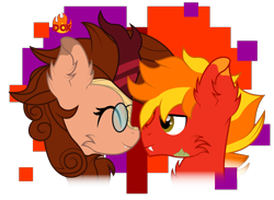 Size: 2136x1560 | Tagged: safe, artist:ragedox, imported from derpibooru, oc, oc only, oc:blazing smart, oc:ragedox, hybrid, kirin, pegasus, pony, boop, brown mane, couple, couples, fangs, glasses, happy, kirin oc, mane of fire, pink eyes, red body, scales, simple background, transparent background