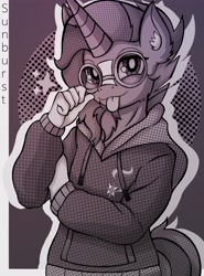 Size: 3024x4096 | Tagged: safe, alternate version, artist:canvymamamoo, imported from derpibooru, imported from ponybooru, sunburst, anthro, unicorn, :p, abstract background, blushing, clothes, cutie mark, ear fluff, hoodie, implied starlight glimmer, looking at you, male, monochrome, smiling, solo, stallion, tongue out