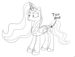 Size: 3840x2930 | Tagged: safe, artist:byteslice, imported from derpibooru, princess luna, alicorn, pony, female, folded wings, mare, monochrome, simple background, sketch, smiling, solo, standing, tiny butt, white background, wings
