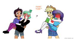 Size: 956x504 | Tagged: safe, artist:crydius, imported from derpibooru, applejack, rarity, human, equestria girls, amity blight, blushing, blushing profusely, canon ship, dyed hair, female, humanoid, lesbian, lumity, luz noceda, rarijack, shipping, simple background, the owl house, transparent background, witch