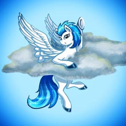 Size: 1920x1920 | Tagged: safe, artist:asumi, imported from derpibooru, oc, oc only, oc:icy river, pegasus, pony, blue background, blue eyes, blue tail, cloud, large wings, simple background, solo, white pony, wings