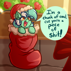 Size: 4000x4000 | Tagged: safe, artist:witchtaunter, imported from derpibooru, lyra heartstrings, pony, unicorn, absurd resolution, christmas, christmas stocking, clothes, cute, dialogue, dissonant caption, ear fluff, hat, holiday, l.u.l.s., lyrabetes, santa hat, smiling, solo, speech bubble, text, tiny, tiny ponies, vulgar