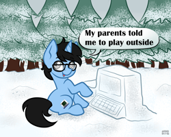 Size: 1280x1024 | Tagged: safe, artist:sabrib, imported from derpibooru, oc, oc only, oc:tinker doo, pony, unicorn, colt, computer, cute, dialogue, forest, glasses, looking at you, male, misunderstanding, silly, silly pony, sitting, snow, solo, speech bubble, talking to viewer, tree
