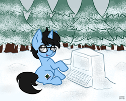 Size: 1280x1024 | Tagged: safe, artist:sabrib, imported from derpibooru, oc, oc only, oc:tinker doo, pony, colt, computer, forest, male, silly, silly pony, snow, solo, tree