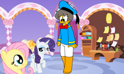 Size: 1152x693 | Tagged: safe, artist:haileykitty69, imported from derpibooru, fluttershy, rarity, human, pegasus, pony, unicorn, adoramour, blushing, bowtie, carousel boutique, clothes, crossover, crush, cute, donald duck, female, fluttermour, grin, hat, lidded eyes, male, mare, my little pony, principal skinner, raised hoof, raised leg, raribetes, sailor hat, sailor uniform, sewing machine, seymour skinner, shipping, shyabetes, smiling, straight, the simpsons, uniform, yarn