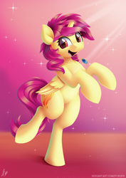 Size: 4961x7016 | Tagged: safe, artist:pyropk, imported from derpibooru, oc, oc only, alicorn, pony, alicorn oc, bipedal, broken horn, female, horn, jewelry, looking at you, mare, necklace, open mouth, smiling, solo, wings