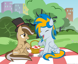 Size: 3024x2480 | Tagged: safe, artist:mrkat7214, imported from derpibooru, oc, oc only, pegasus, pony, basket, female, hat, high res, male, manehattan, mare, park, picnic, picnic basket, picnic blanket, show accurate, stallion, top hat, vector