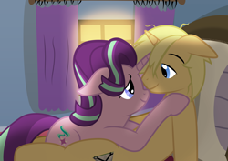 Size: 3508x2480 | Tagged: safe, artist:mrkat7214, imported from derpibooru, starlight glimmer, oc, oc:sunlight bolt, pony, unicorn, bed, bedroom, canon x oc, female, glimmbolt, lidded eyes, looking at each other, male, pillow, shipping, show accurate, straight, vector