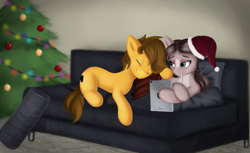 Size: 3676x2248 | Tagged: safe, artist:qbellas, imported from derpibooru, oc, oc only, pony, christmas, christmas tree, couch, duo, hat, holiday, santa hat, tablet, tree