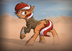 Size: 3460x2480 | Tagged: dead source, safe, artist:kozachokzrotom, imported from derpibooru, oc, oc:roulette, earth pony, pony, fallout equestria, fallout equestria: red 36, angry, desert, earth pony oc, fanfic art, wind