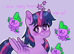 Size: 2048x1479 | Tagged: safe, artist:alexbeeza, imported from derpibooru, spike, twilight sparkle, alicorn, dragon, pony, :i, >:|, cute, female, male, mare, purple background, simple background, twiabetes, twilight sparkle (alicorn), winged spike, wings