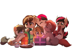 Size: 3000x2000 | Tagged: safe, artist:freeedon, imported from derpibooru, oc, oc only, oc:allegro dolce, oc:dawnsong, oc:neris, oc:redwood, oc:siren, oc:solaria, bat pony, earth pony, pony, unicorn, christmas, cuddling, eye clipping through hair, eyes closed, female, glasses, group, holiday, hug, mare, mouth hold, open mouth, present, simple background, smiling, transparent background