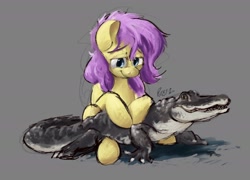 Size: 2426x1749 | Tagged: safe, artist:rigbyh00ves, artist:th3ipodm0n, imported from derpibooru, fluttershy, alligator, earth pony, pony, brown background, female, high res, looking at someone, looking down, mare, pet, petting, simple background, sitting, smiling, solo