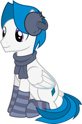 Size: 288x430 | Tagged: safe, artist:frownfactory, imported from derpibooru, oc, oc only, oc:stratagem, pegasus, pony, derpibooru community collaboration, 2021 community collab, blue mane, blue tail, clothes, earmuffs, male, pegasus oc, purple eyes, scarf, simple background, sitting, socks, solo, stallion, striped socks, tail wrap, transparent background, vector, wings