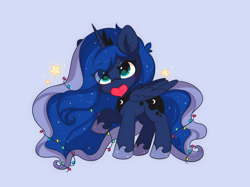 Size: 3000x2244 | Tagged: safe, artist:yomechka, artist:yourmeow, imported from derpibooru, princess luna, alicorn, pony, :3, blue background, christmas, christmas lights, cute, ear fluff, female, filly, heart, holiday, lunabetes, mouth hold, simple background, solo, stars, woona, younger