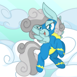 Size: 1500x1500 | Tagged: safe, artist:jane-ander, artist:janeander, imported from derpibooru, oc, oc only, oc:heavy rain, pegasus, pony, fanfic:to be a wonderbolt, background pony, blue eyes, clothes, cloudy mane, commissioner:genki, cover art, cumulonimbus mane, fanfic art, fanfic character, female, mare, pegasus oc, smiling, solo, swirly mane, uniform, weather control pegasi, wings, wonderbolts, wonderbolts uniform