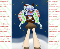 Size: 4000x3264 | Tagged: safe, artist:blazingdazzlingdusk, imported from derpibooru, sugarcoat, equestria girls, animal costume, antlers, blushing, christmas, christmas lights, clothes, costume, crossed arms, cute, holiday, reindeer costume, rudolph nose, rudolph the red nosed reindeer, solo, sugarcute, text, unamused