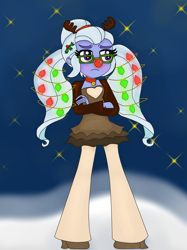 Size: 2447x3264 | Tagged: safe, artist:blazingdazzlingdusk, edit, imported from derpibooru, sugarcoat, equestria girls, animal costume, antlers, blushing, christmas, christmas lights, clothes, costume, cropped, crossed arms, cute, holiday, reindeer antlers, reindeer costume, rudolph nose, rudolph the red nosed reindeer, solo, sugarcute, unamused