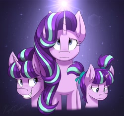 Size: 3300x3100 | Tagged: safe, artist:kaylerustone, imported from derpibooru, starlight glimmer, pony, unicorn, age progression, bust, evil grin, female, filly, filly starlight glimmer, gradient background, grin, high res, looking down, looking up, mare, pigtails, redraw, s5 starlight, sad, smiling, solo, stars, through the years, younger