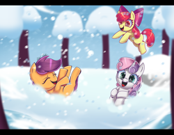 Size: 6700x5200 | Tagged: safe, artist:melanyoprisdraws, artist:melanyschaffer, artist:opal_radiance, imported from derpibooru, apple bloom, scootaloo, sweetie belle, earth pony, pegasus, pony, unicorn, apple bloom's bow, blank flank, bow, cute, cutealoo, cutie mark crusaders, eyes closed, female, filly, hair bow, jumping, open mouth, open smile, playing, signature, smiling, snow, snowfall